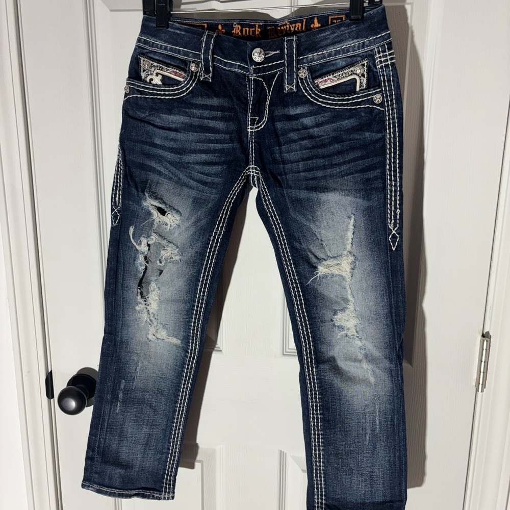 Rock Revival Women's Dark Blue Distressed cropped jeans